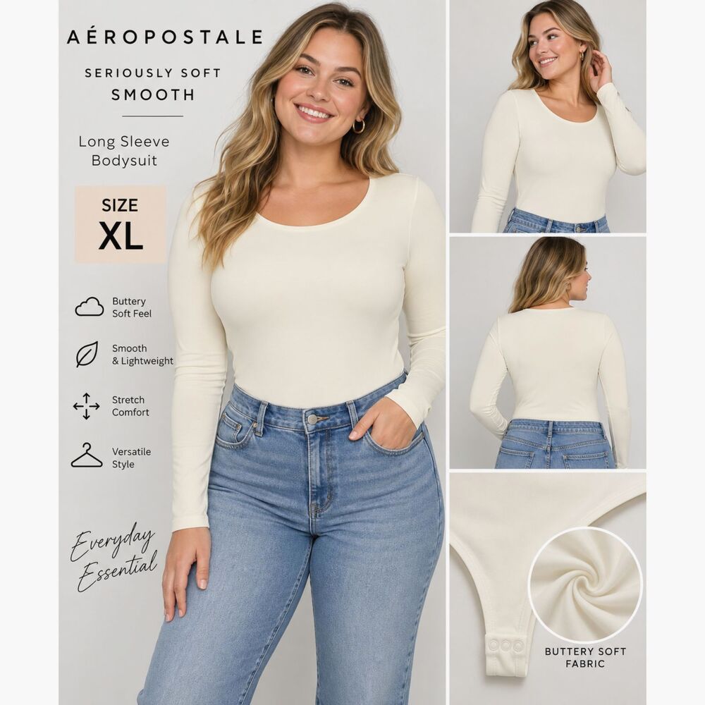 Aeropostale Seriously Soft Women's XL Cream Long Sleeve Bodysuit NWT #20